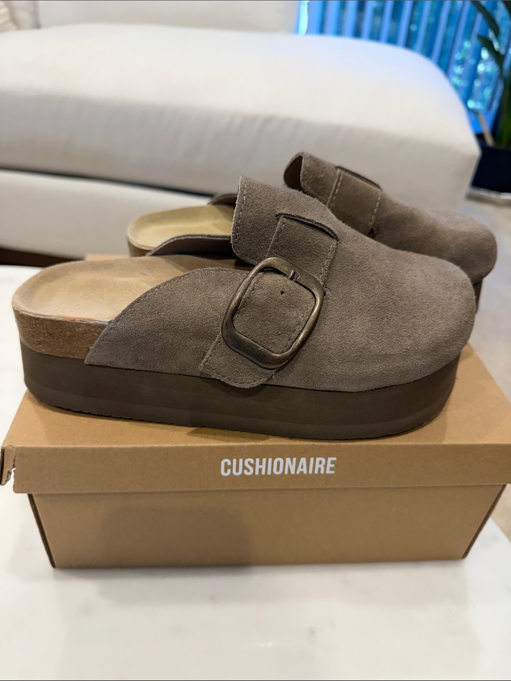 Cushionaire Taupe Suede Platform Mule with Buckle Accent
